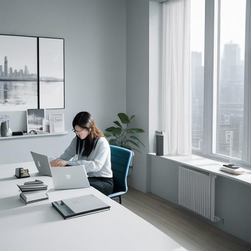 Woman Working at Home Office with Cityscape View