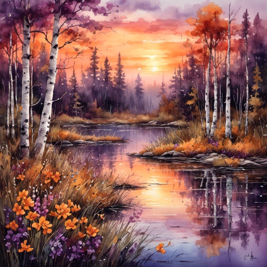 Lake Sunset Watercolor Painting with Birch Forest