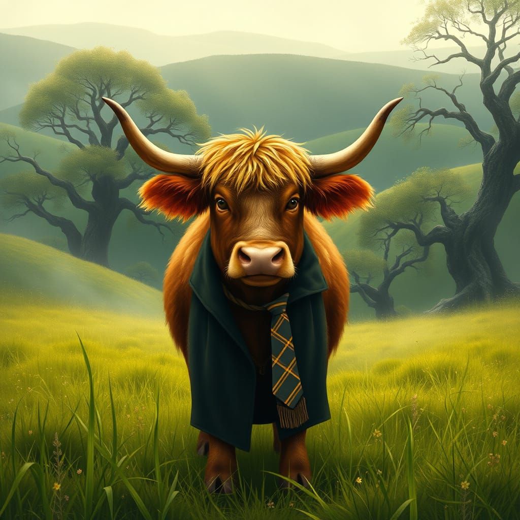 Majestic Brown Bull in Whimsical Hogwarts Attire