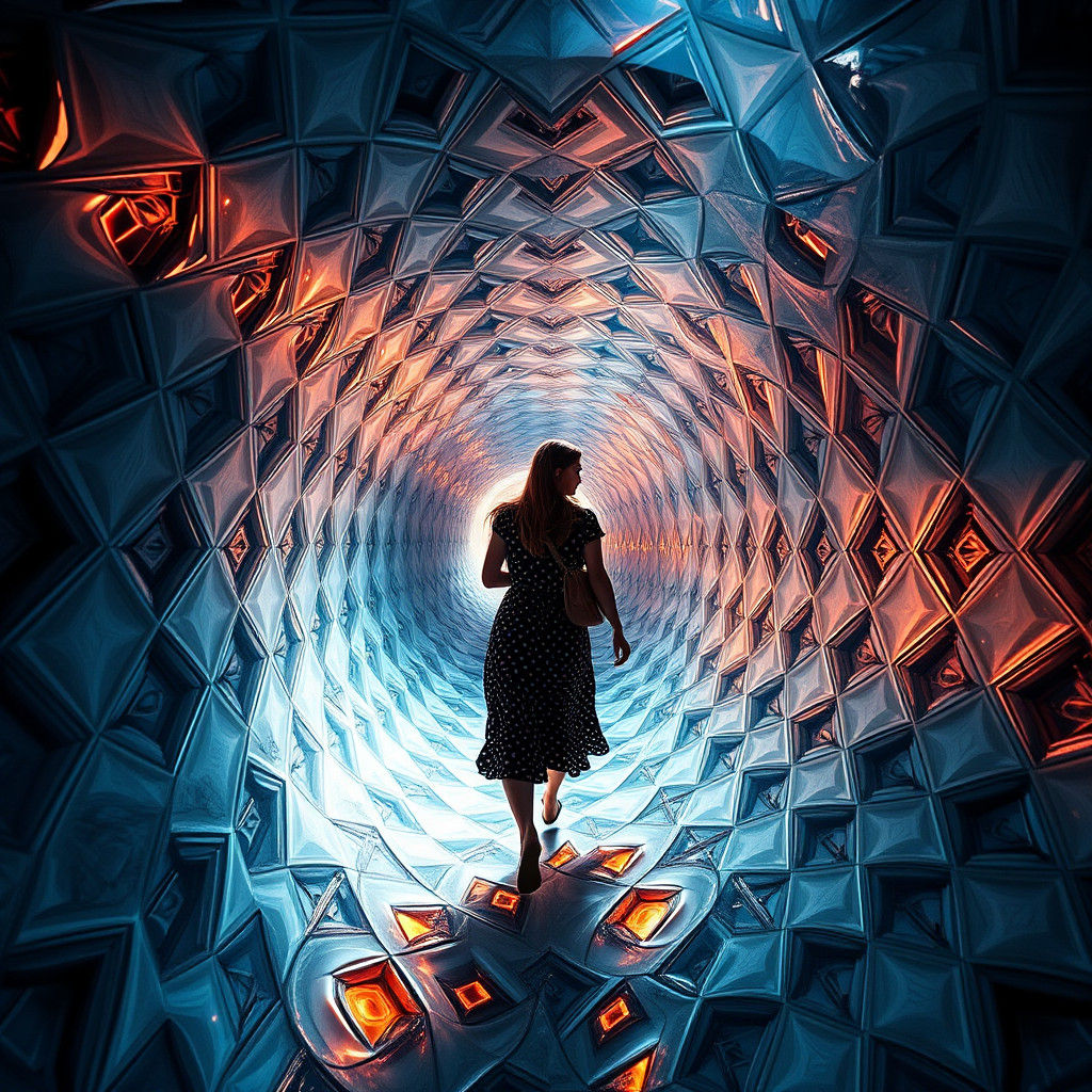Woman in Warped Tunnel: Kaleidoscopic Digital Art