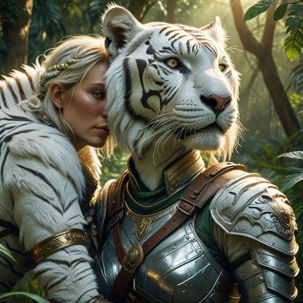 Woman Ranger and Giant White Tiger Portrait