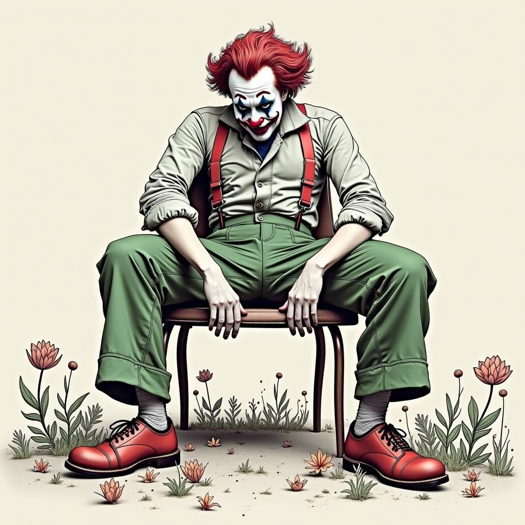 Joker Character Depicted as Sad Clown Surrounded by Flowers