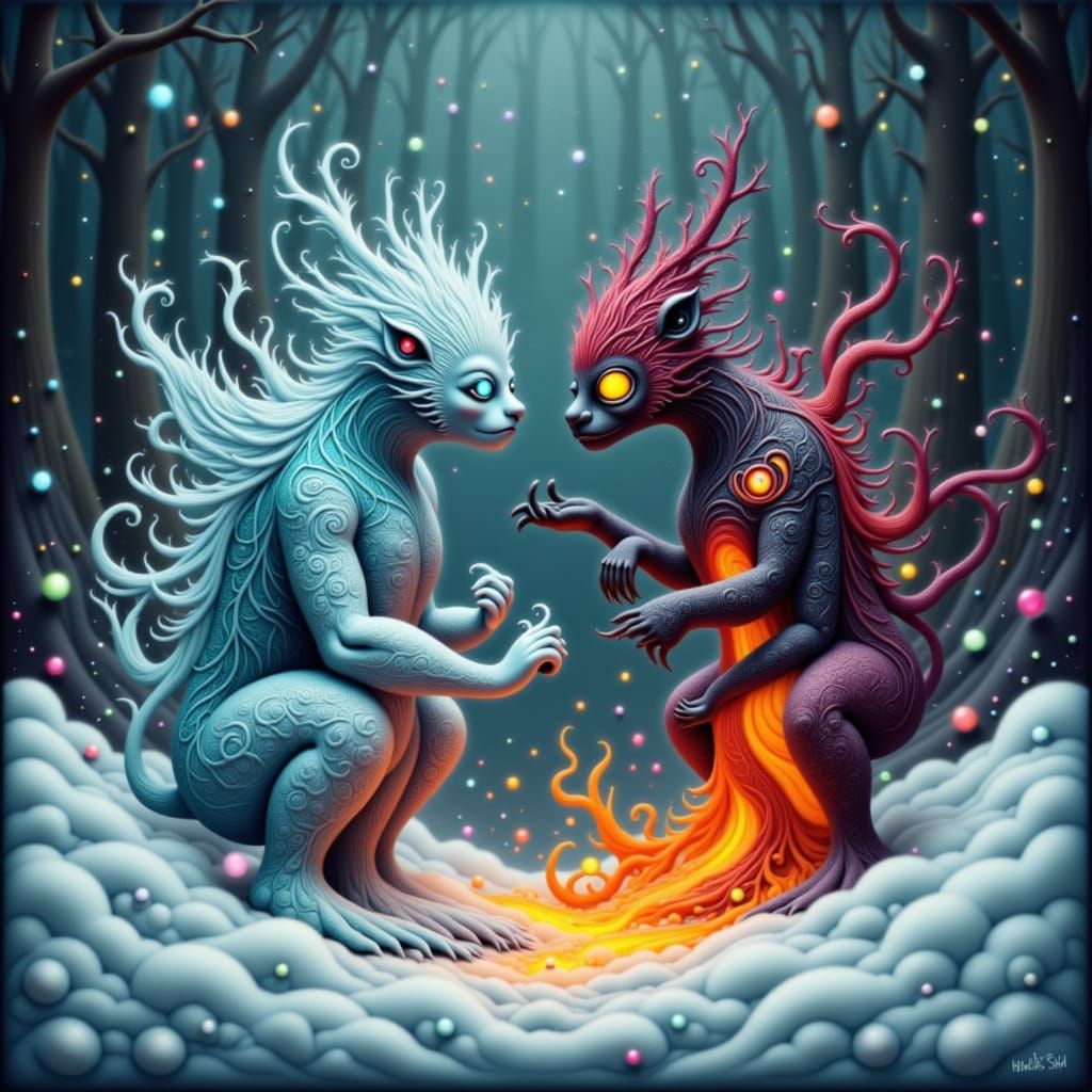 Serene Snowflake Creature Meets Fiery Lava Being in Yin Yang...