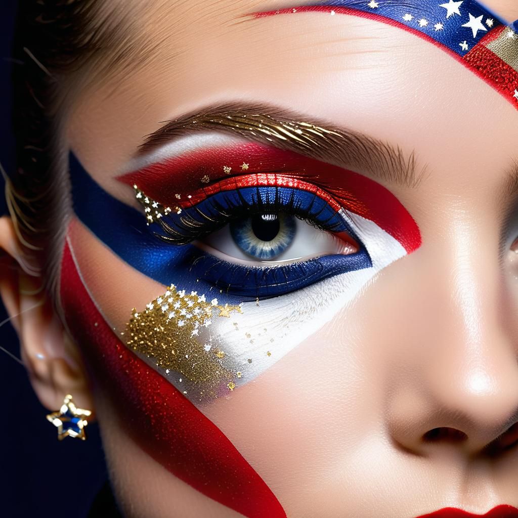 American flag-themed eye makeup design fit for a glamorous g...