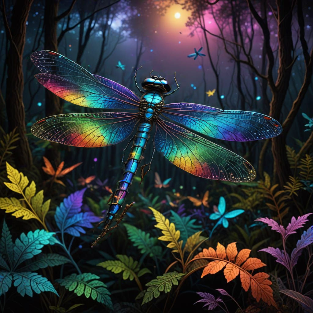 Surreal Dragonfly Dances in a Rainbow Forest