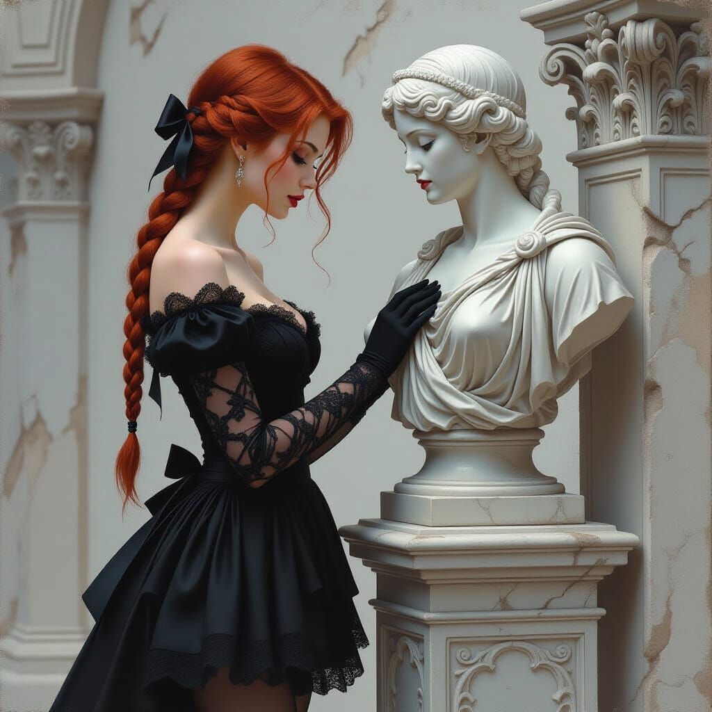 Eerie Vampire Admiring Statue in Dark Romanticism Style