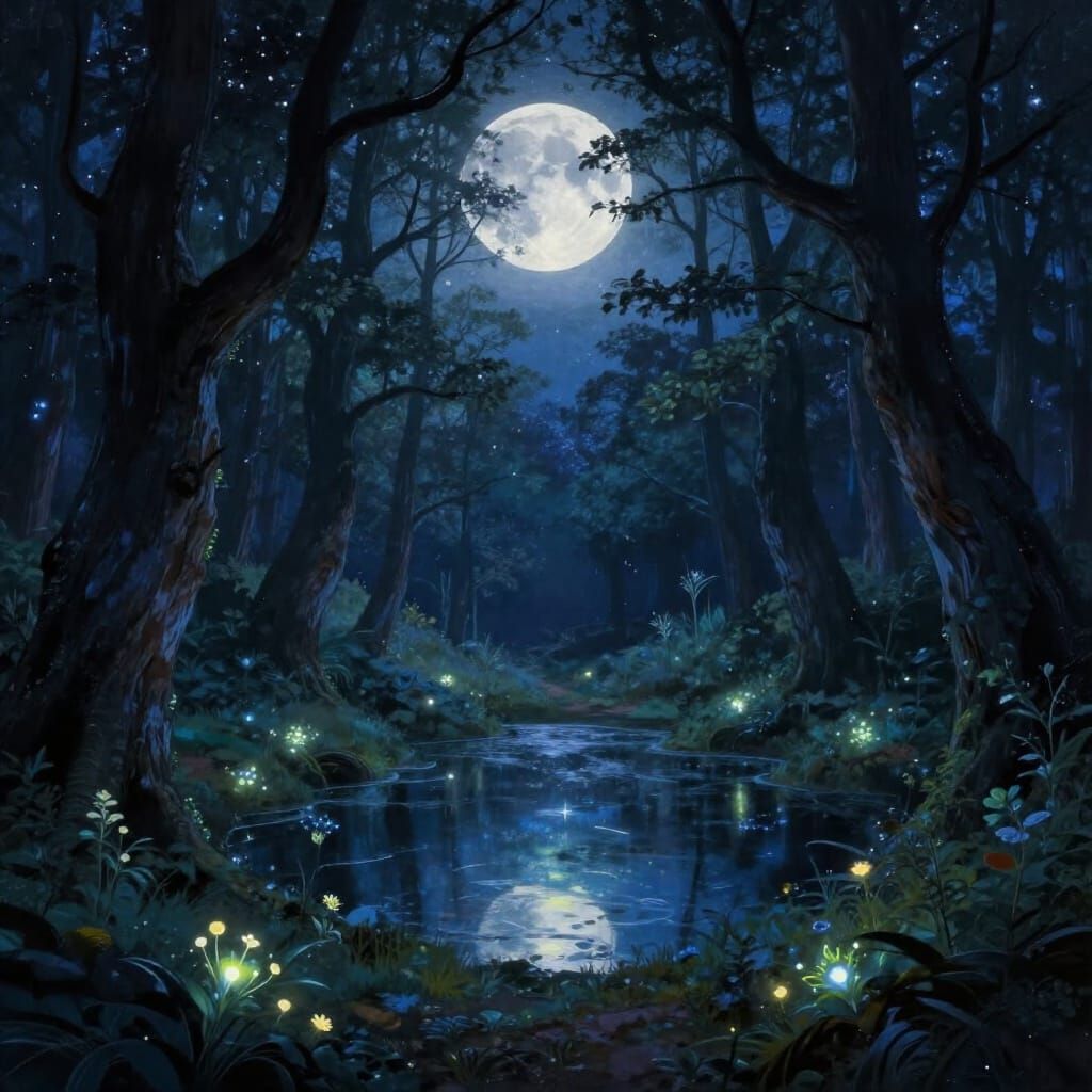 Moonlit Enchanted Forest Clearing with Mystical Pool