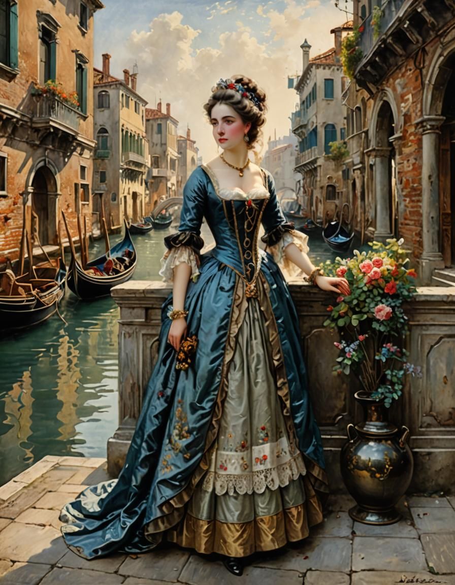 Beautiful Courtesan in 1700s Venice Watercolor