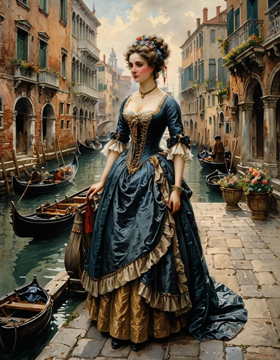 Beautiful Courtesan in 1700s Venice, Hyperrealistic Watercol...