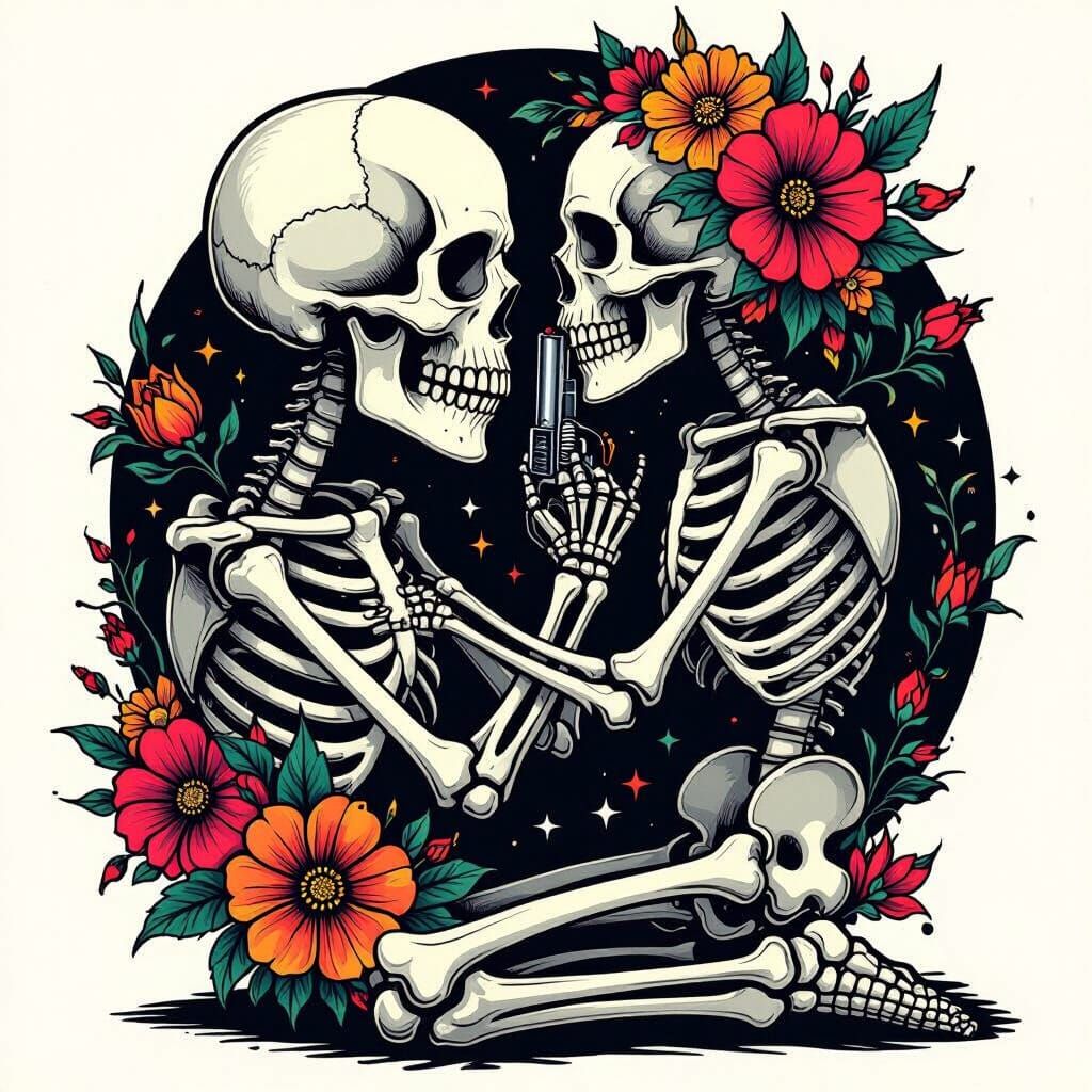 Skeleton Tattoo Design with Blooming Flowers