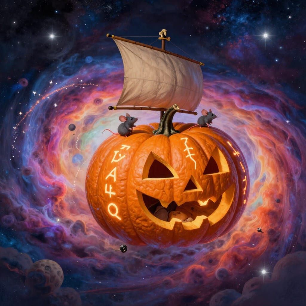 Mice Pilot Pumpkin Ship Through Cosmic Nebula