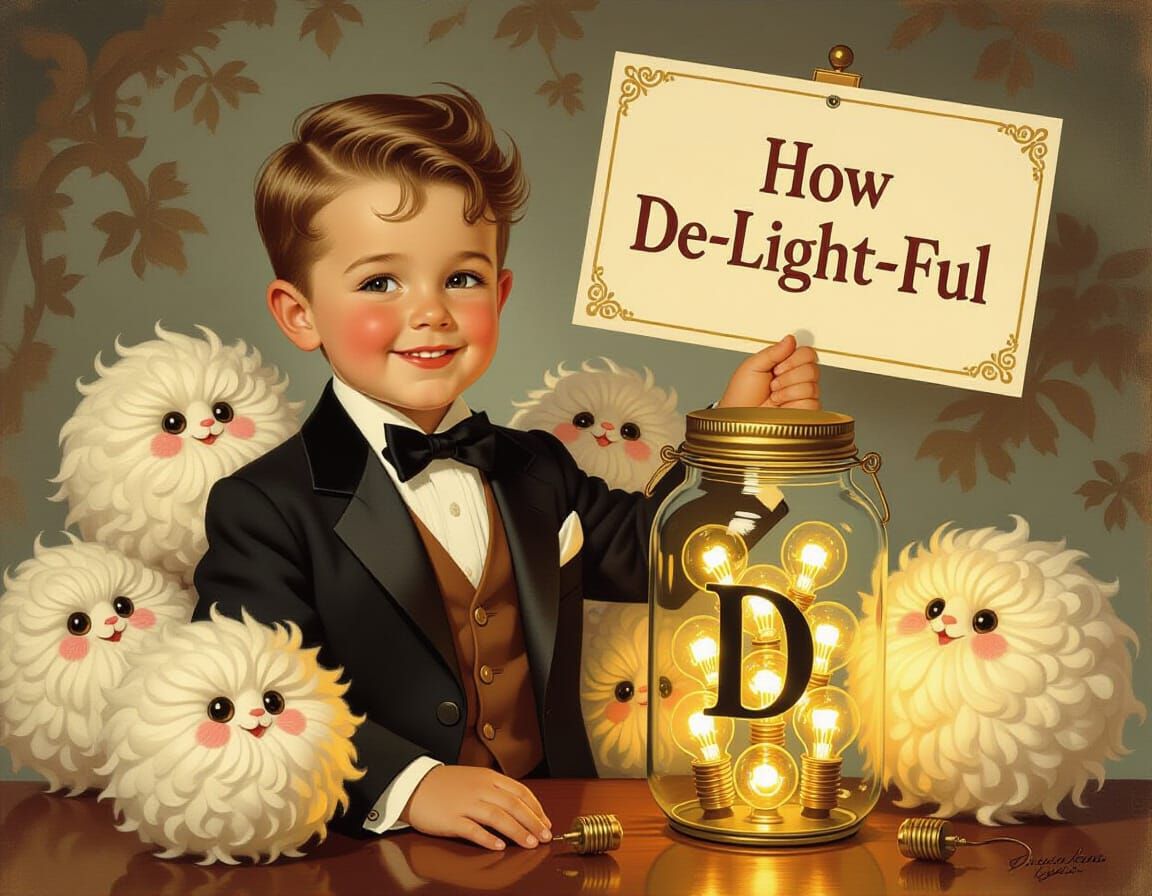 Affluent Boy with Tribbles and Lightbulbs in Americana Style