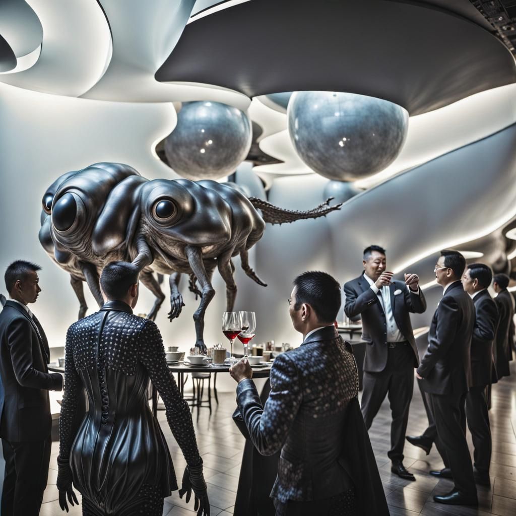 Surreal Restaurant Scene with Exotic Aliens