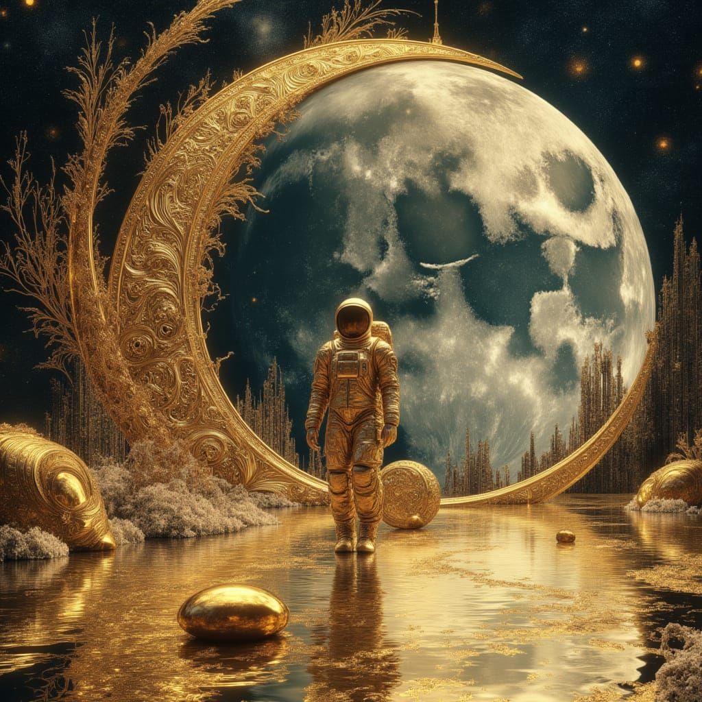 Astronaut on Gold Moon with Rocket in Surreal Style