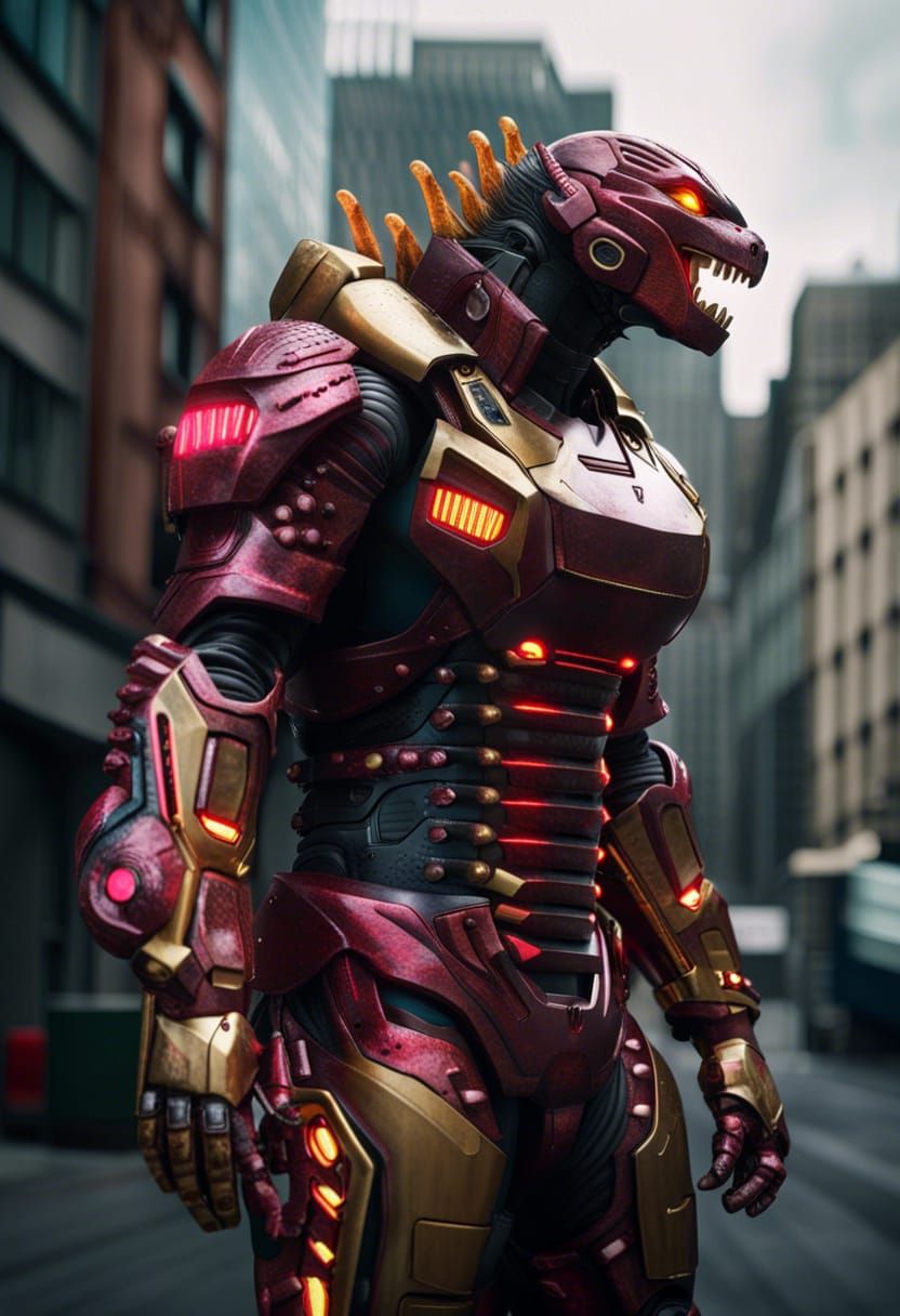 Godzilla Mech Suit in Dystopian Cityscape
