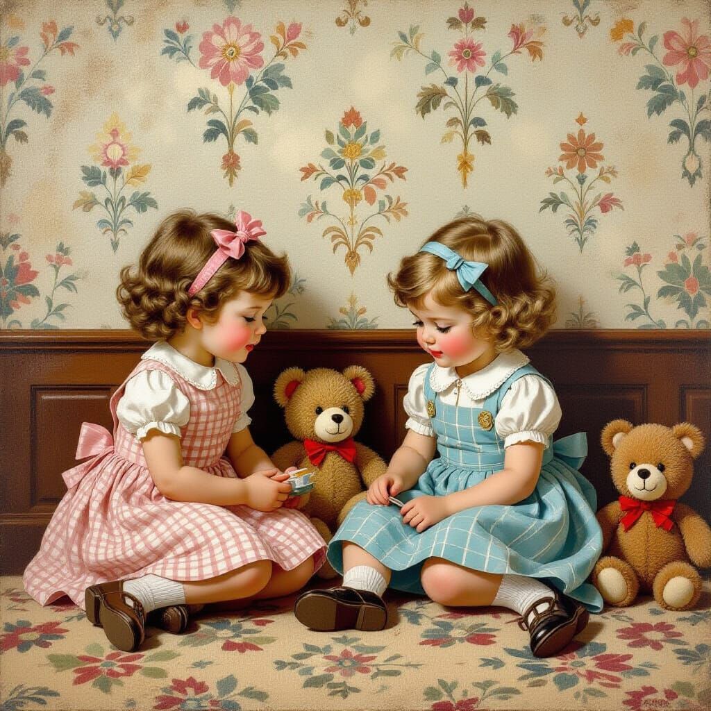 Children Playing in Vintage Style Illustration