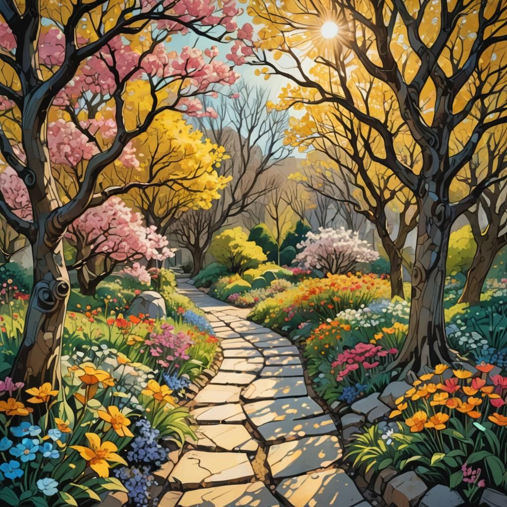 Spring Garden in Surreal Graphic Novel Style