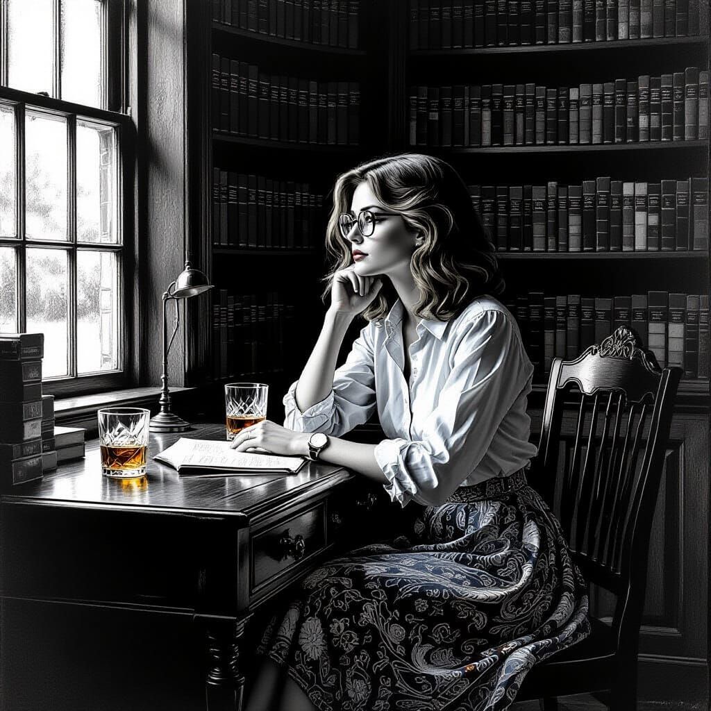 Woman in Library as Albrecht Durer Black and White Print