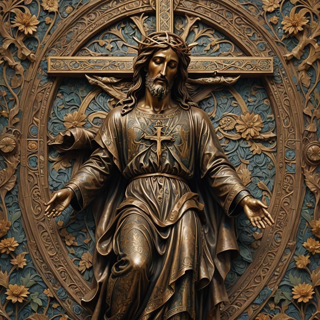 Bronze Christ Statue with Paisley Background