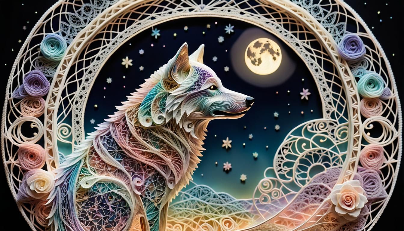 Delicate String Art Wolf in Crescent Moon