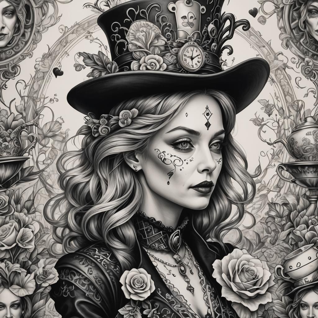 Dreamlike Mad Hatter Tattoo in Black and White