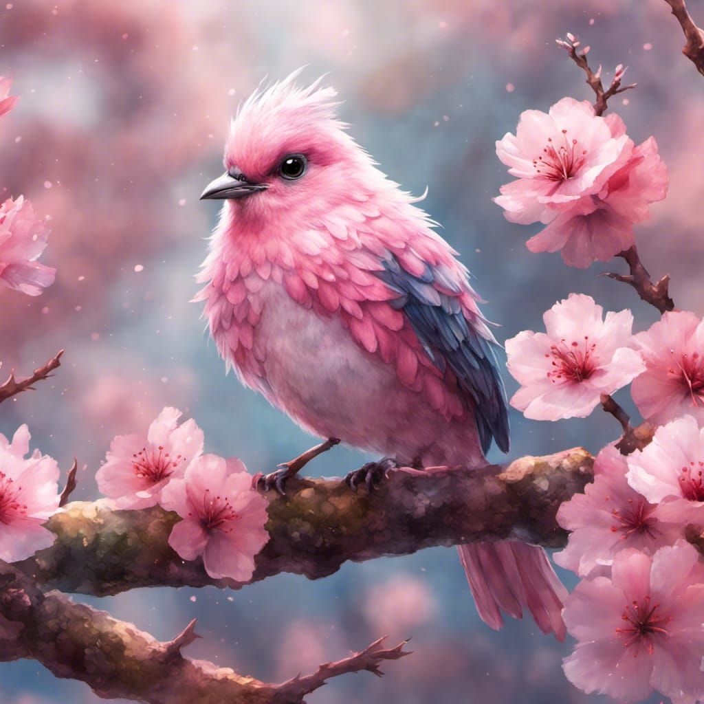 Pink Bird on Sakura Branch Watercolor Art