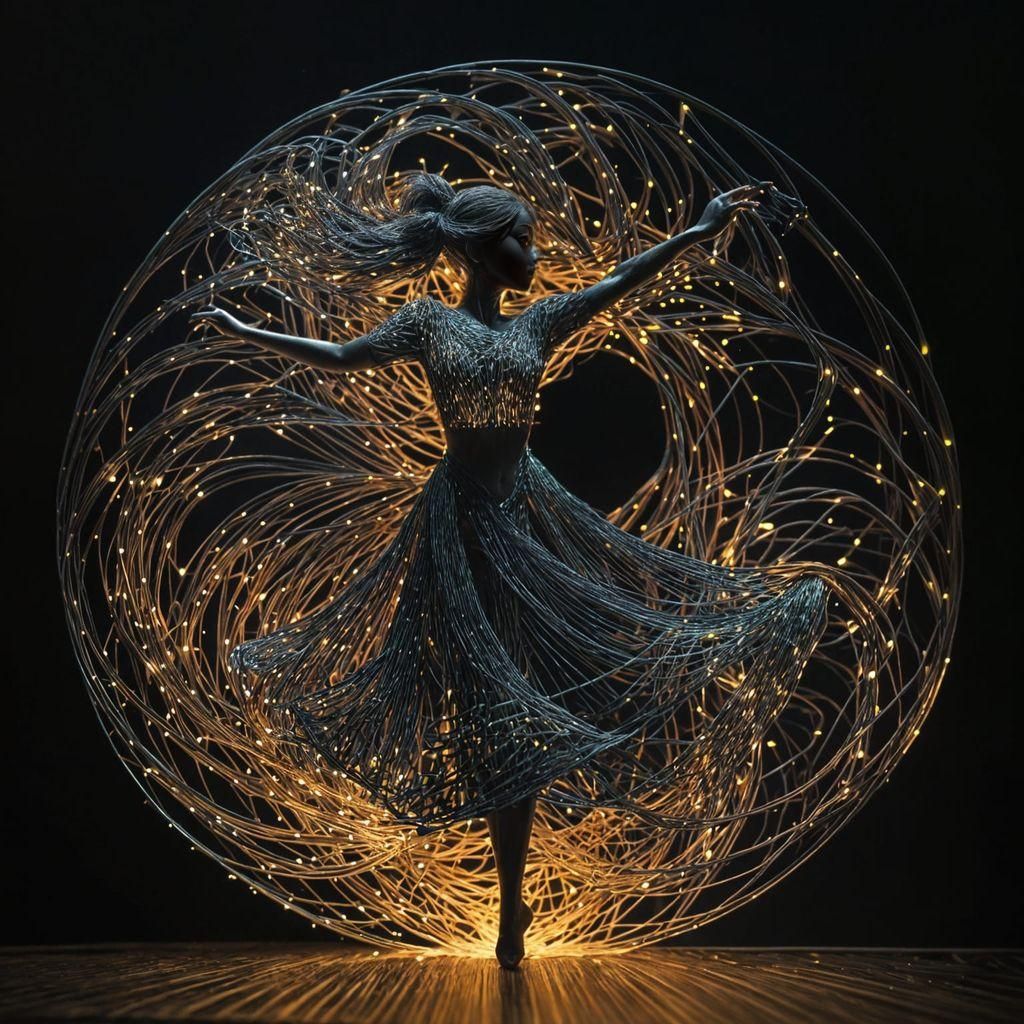 Silhouette of Dancing Girl with Glowing String Art