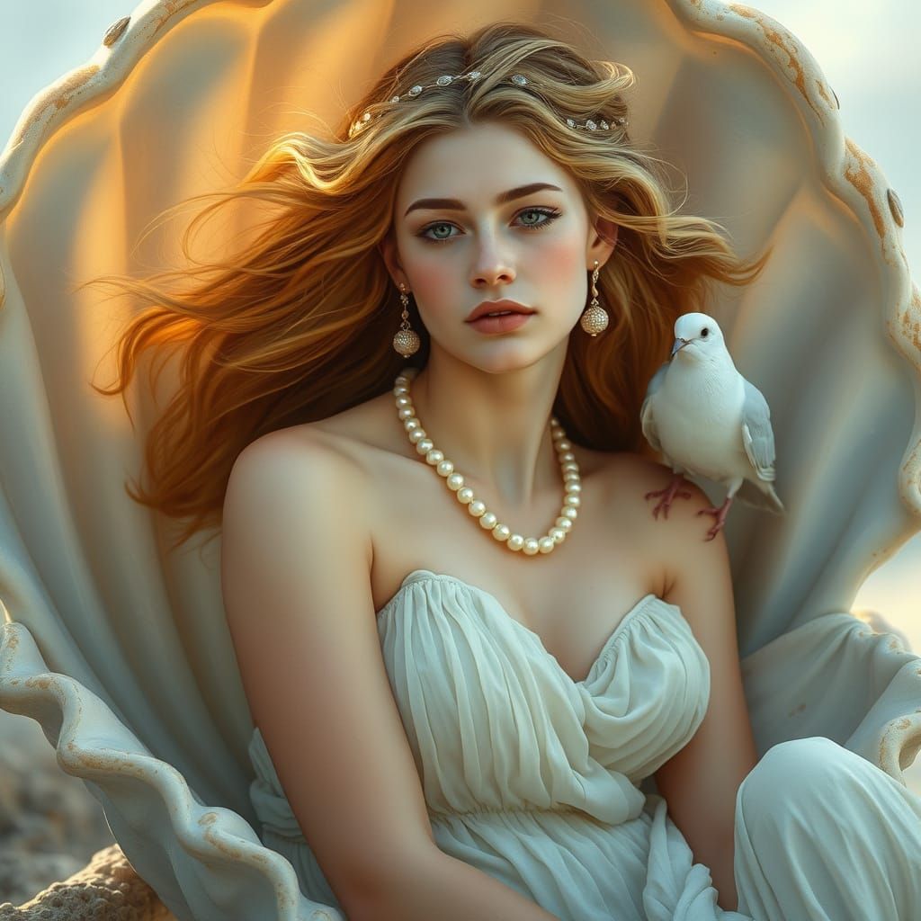 Greek Goddess in Pearlescent Seashell, with Dove and Chiton ...