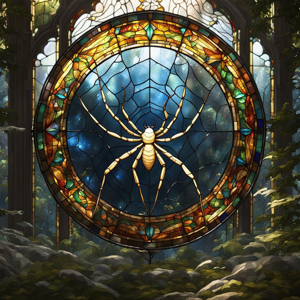 Stained Glass Golden Orb Weaver in Forest Scene