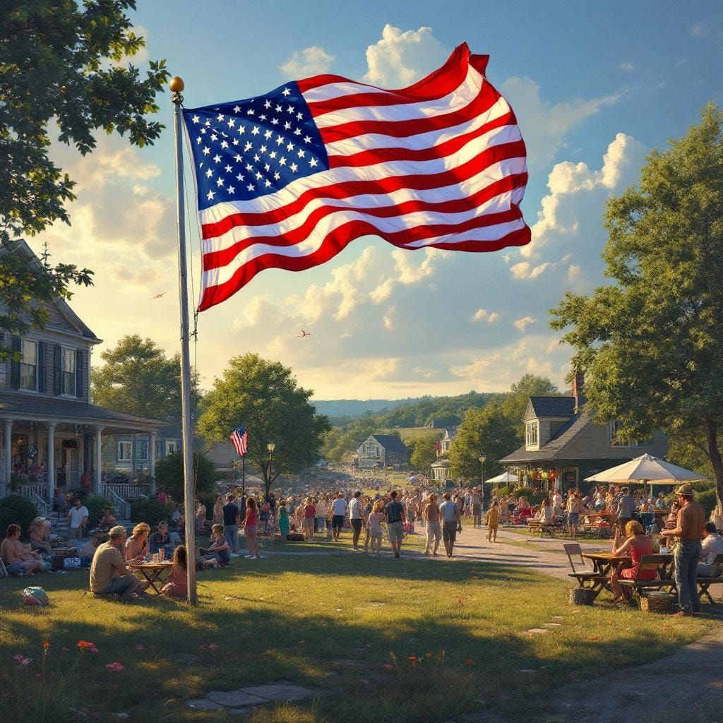 Hyperrealistic American Flag in Festive Town