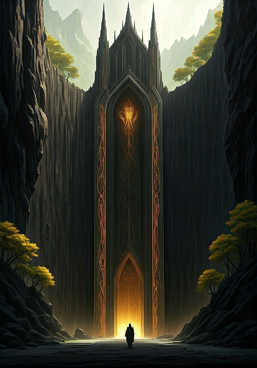 Epic Fantasy Cliffside Doors with Elven Motifs