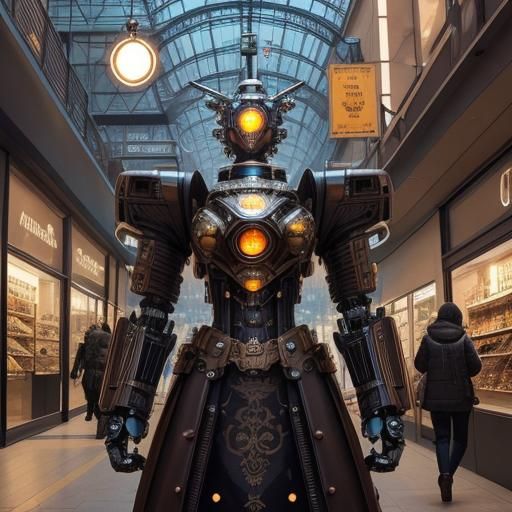 Steampunk Robot in Shopping Center Illustration