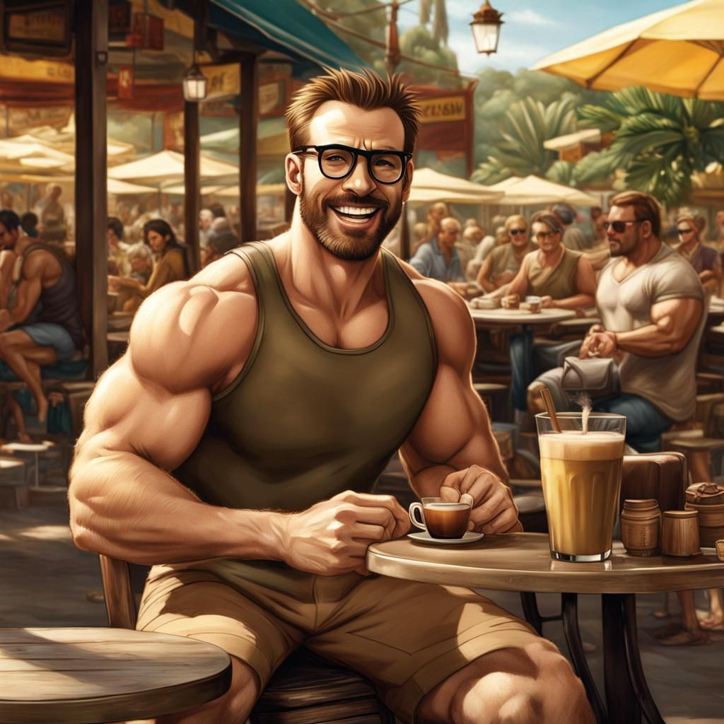 Bodybuilder at Cafe: Detailed Matte Painting