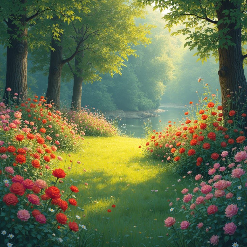 Vibrant Blooming Flowers in Impressionist Art Nouveau Style