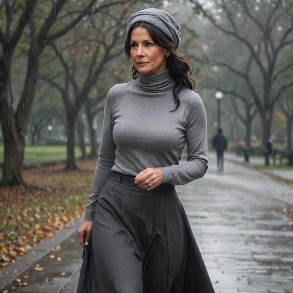 Elegant Woman Walking in Rainy Park