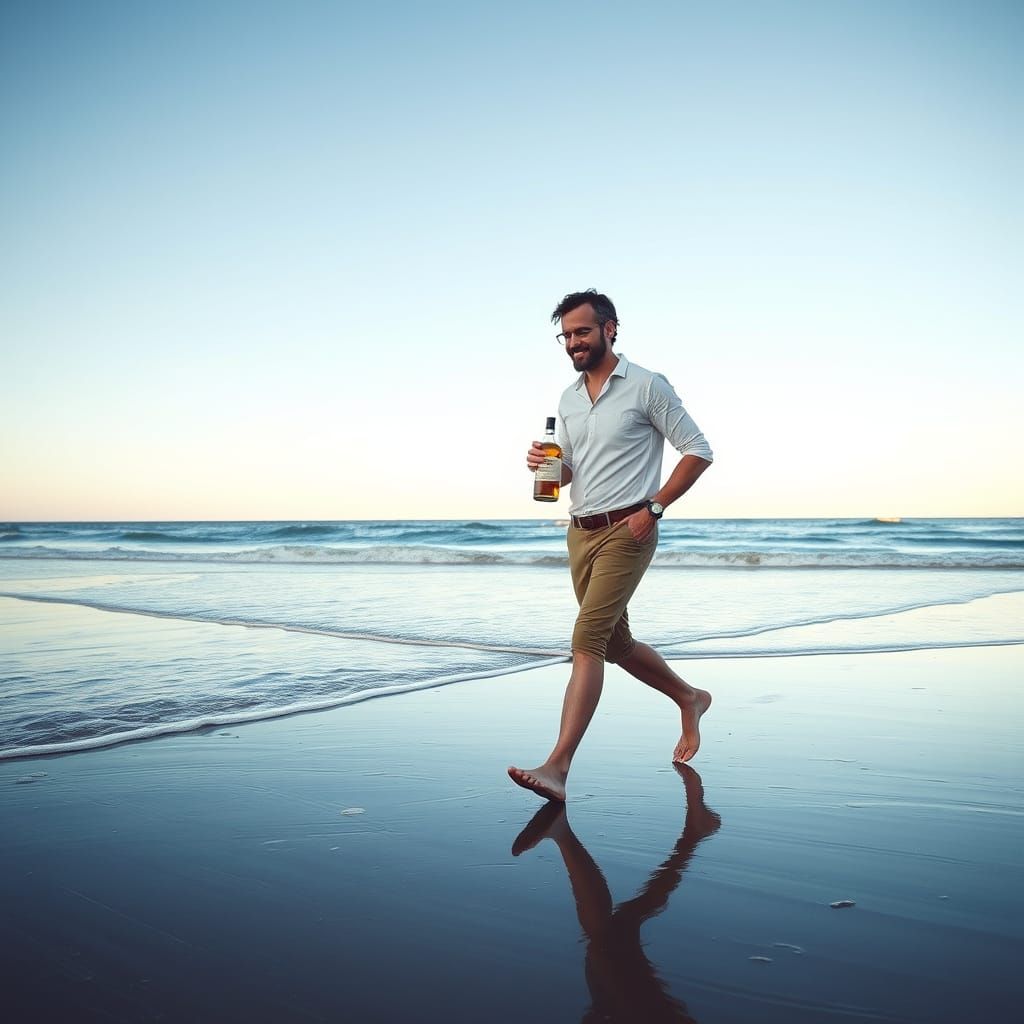 Man Walks on Beach With Whisky Bottle
