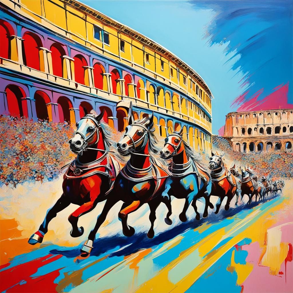 Vibrant Chariot Race at the Coliseum in Expressionism