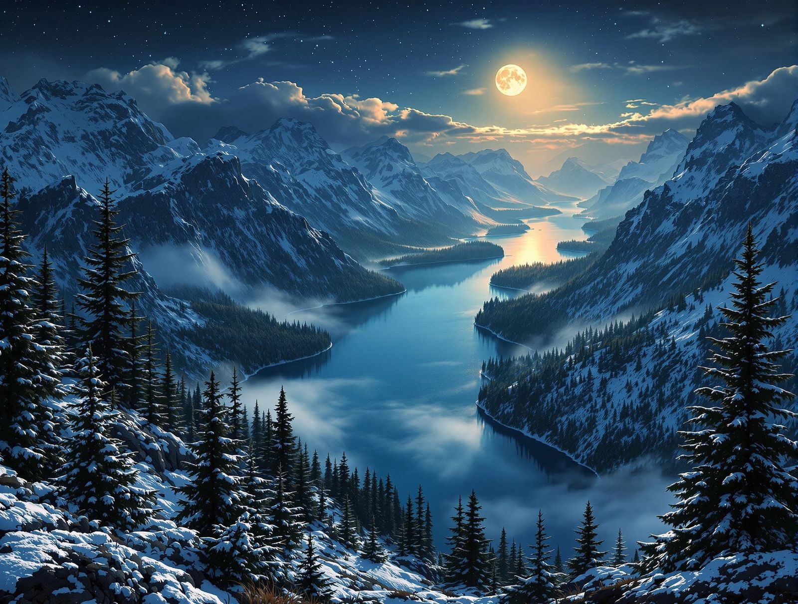 Majestic Norse Fjord Under a Starry Moonlit Sky