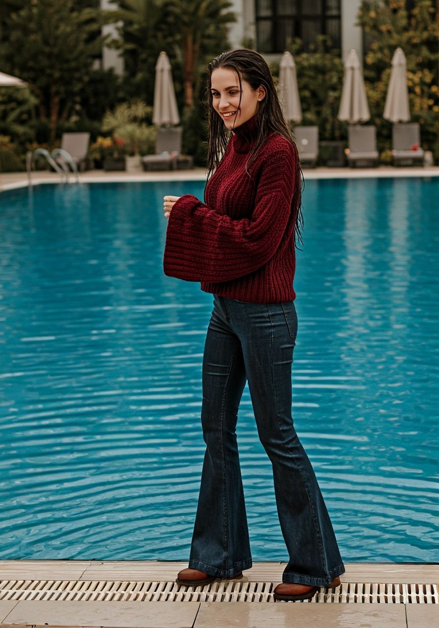 Woman in Jeans at Luxurious Resort Pool, Photorealistic