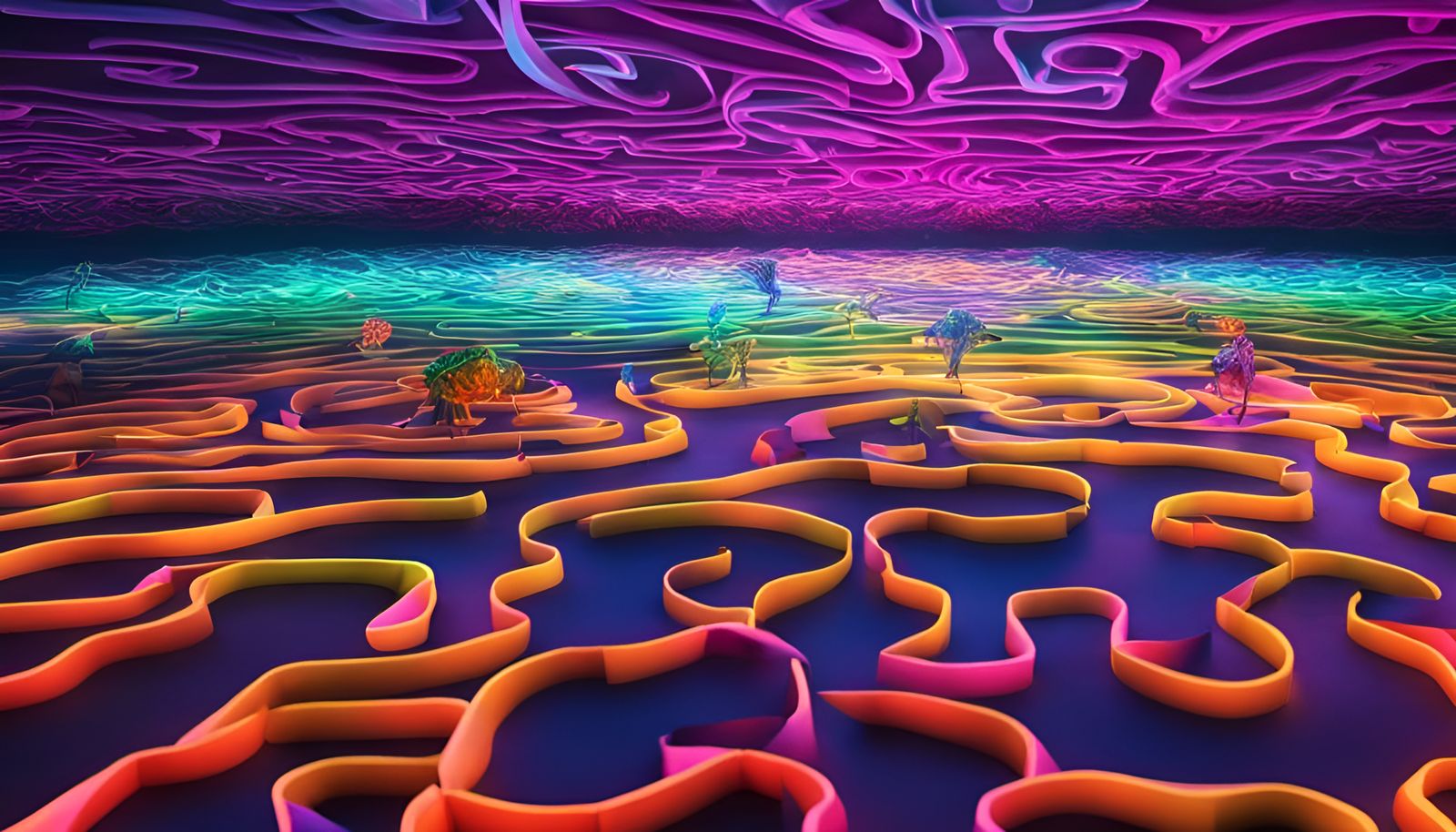 Colorful Origami Brain Beings in Fungal Labyrinth