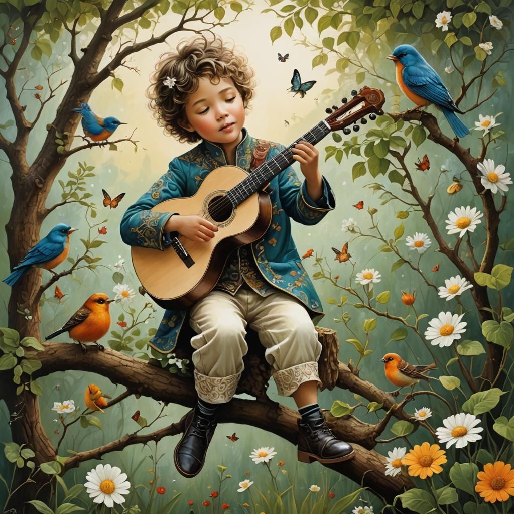 Boy Plays Cello with Bird in Garden, Naive Art
