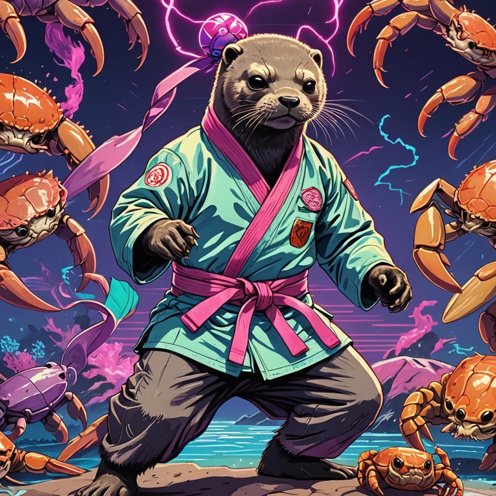 Mink Seal Karate Master Versus Crab in Synthwave