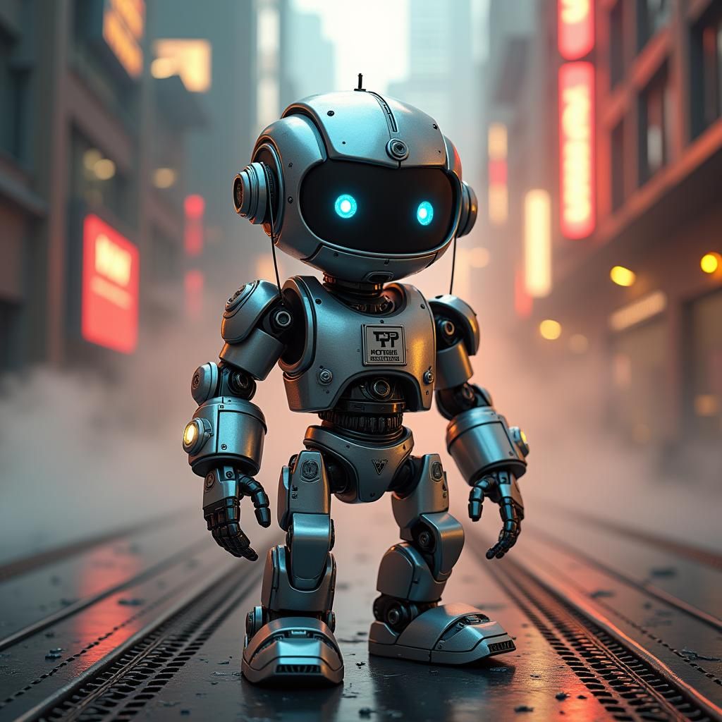 Cybernetic Robot HVAC Mascot in Cyberpunk Cityscape