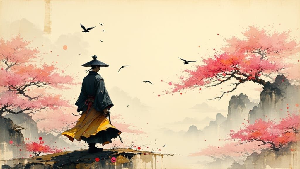 Elegant Gay Samurai in Cherry Blossom Garden