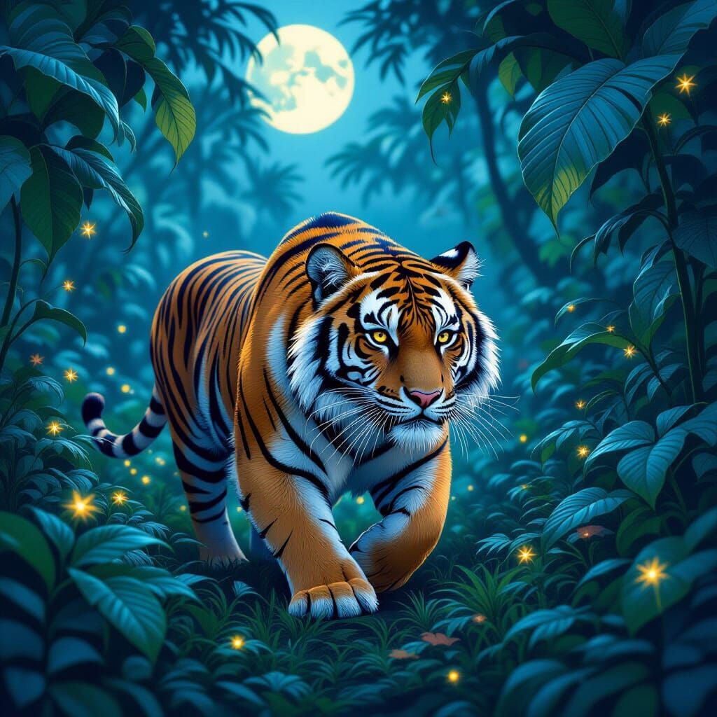 A majestic tiger, adorned with intricate floral patterns wov...