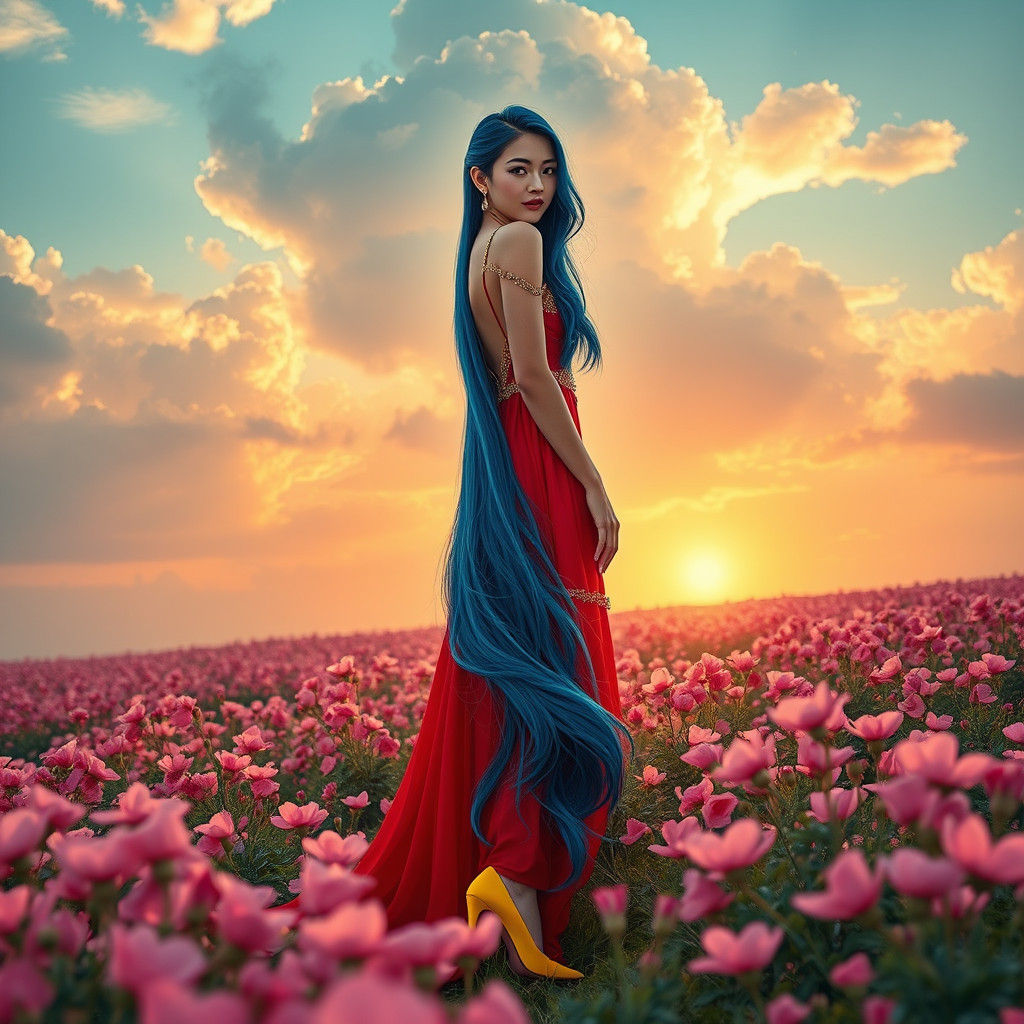 Woman with Blue Hair in Flower Field, Matte Painting