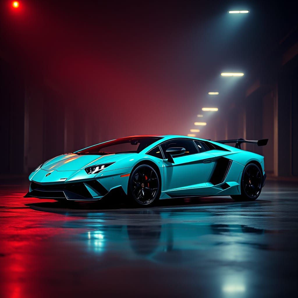 Neon Teal Lamborghini in Cinematic Film Style