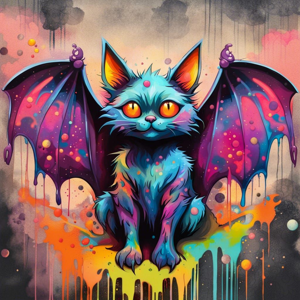 Bat Cat in Enchanted Forest, Graffiti Art Style