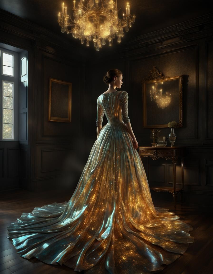 Woman in Iridescent Glass Dress: Photorealistic Art