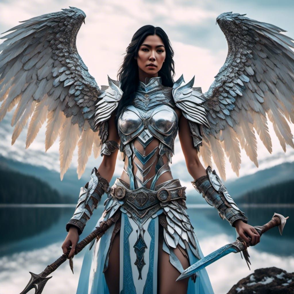 Amazonian female warrior, black hair, jewelry, toned muscula...